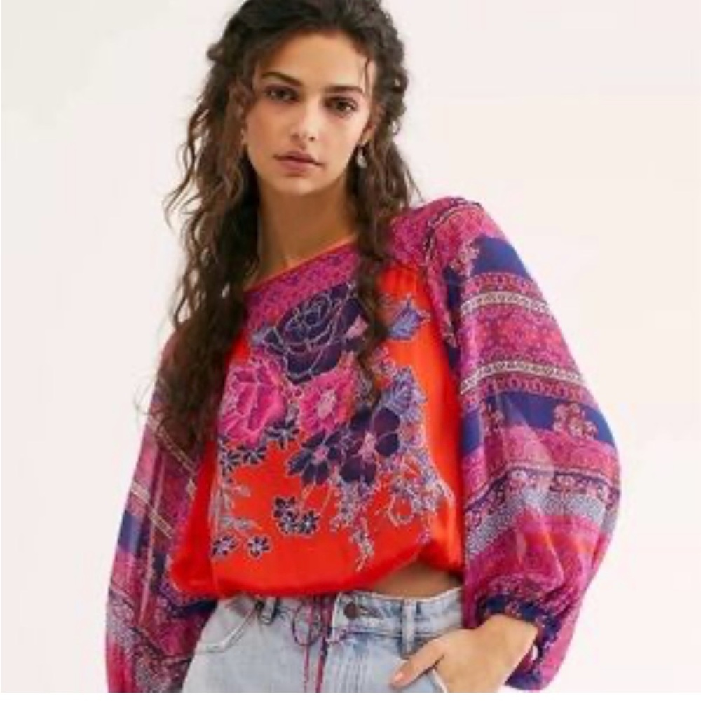 Free People Vibrant Red and Purple Floral Top